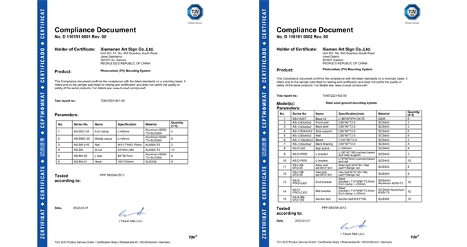 ART SIGN Solar mounting system has been verified with TUV certification.